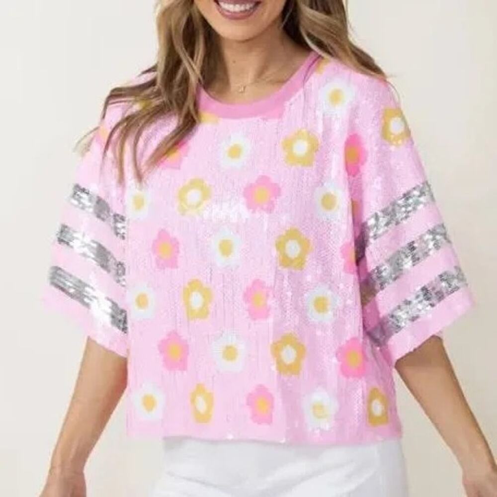 Simply Southern Pink Sequin Daisy Crop Top Pink Silver Women’s Medium READ